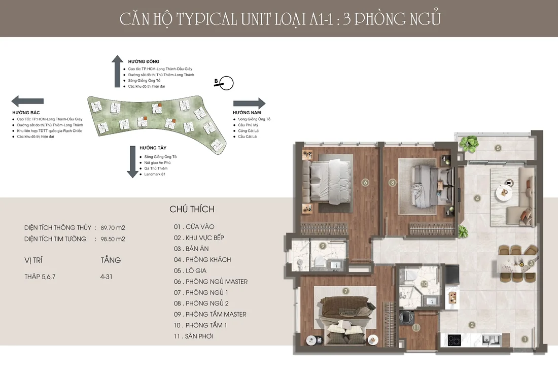 3 phòng ngủ A1-1 · Diện tích thông thủy: 89.70 m²; Diện tích tim tường: 98.50 m²