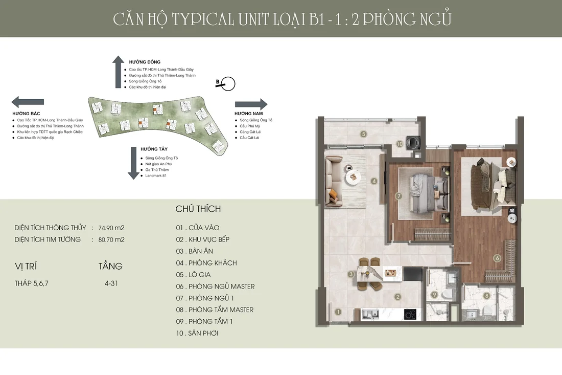 2 phòng ngủ B1-1 · Diện tích thông thủy: 74.90 m²; Diện tích tim tường: 80.70 m²
