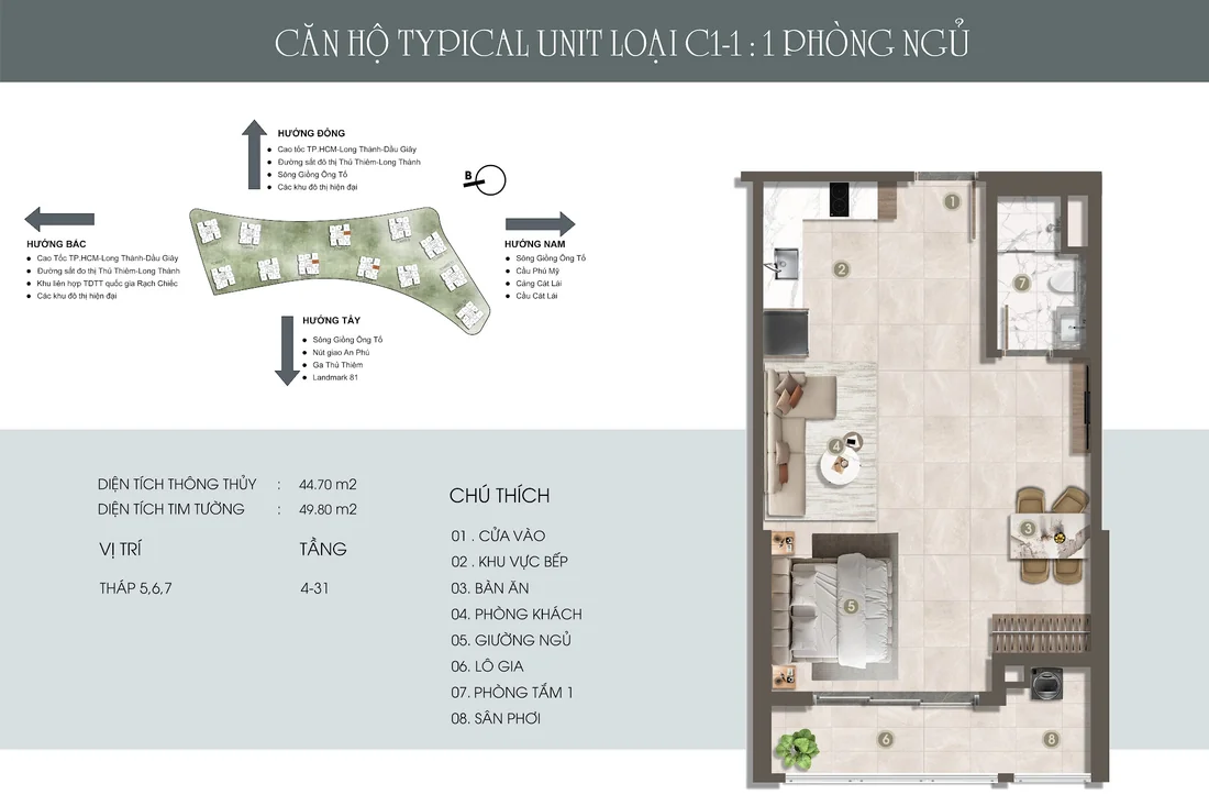 1 phòng ngủ C1-1 · Diện tích thông thủy: 44.70 m²; Diện tích tim tường: 49.80 m²