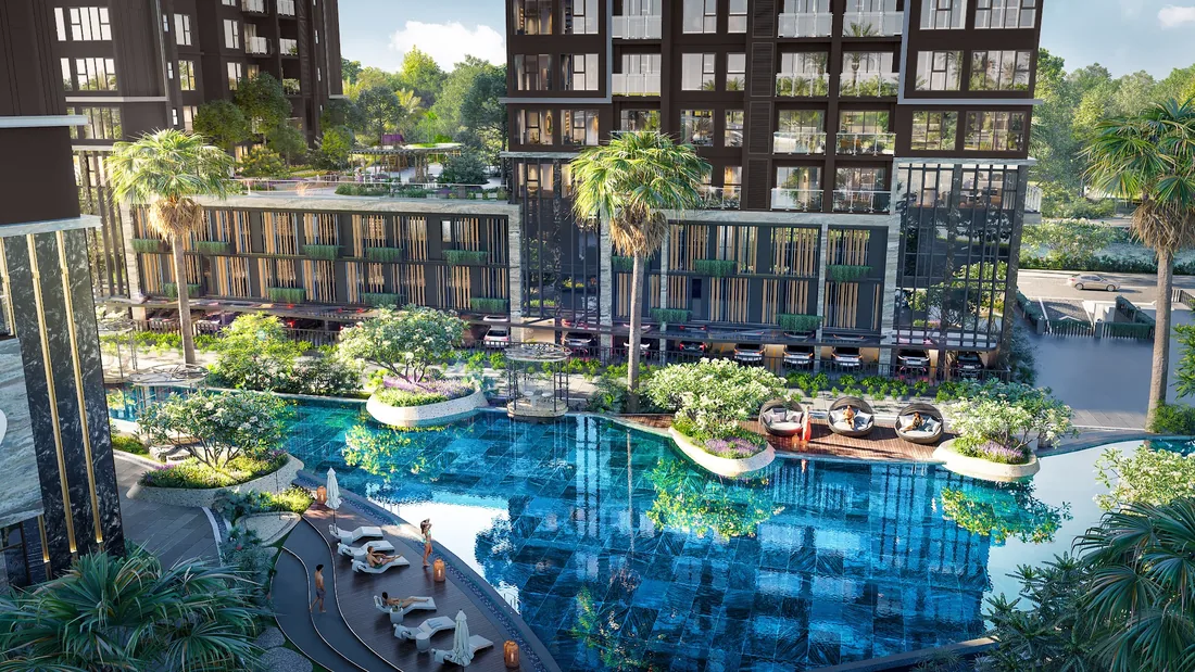 Palm Breeze Pool — Phối cảnh minh họa. Thiết kế và bàn giao theo hồ sơ, hợp đồng từng căn.